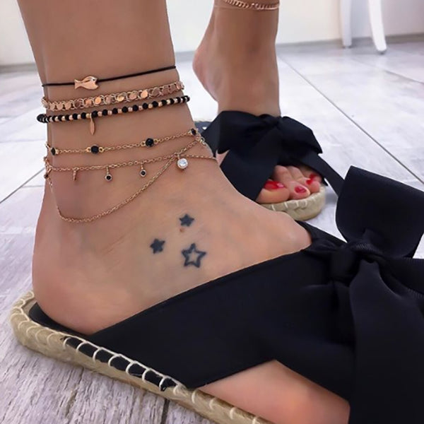 Black Beaded Fish Crystal Rope Boho Anklets for Women