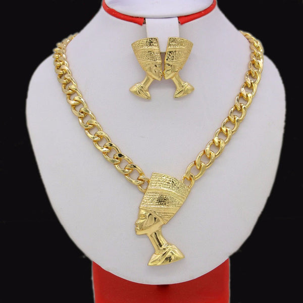 Big Size Egyptian Queen Nefertiti Pendant Gold Color Thick Chain Earrings Jewelry Sets