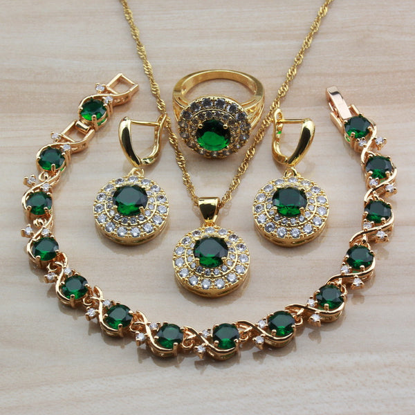 Gold Color With Natural Stone CZ Green Jewelry Sets