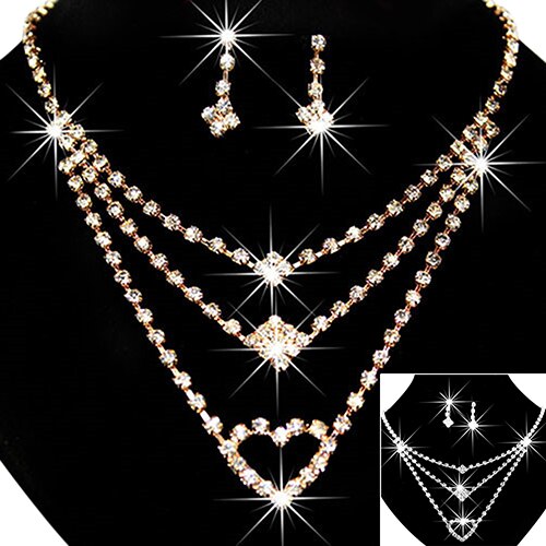 Wedding Bride Love Heart Multilayer Necklace Earrings Jewelry Set