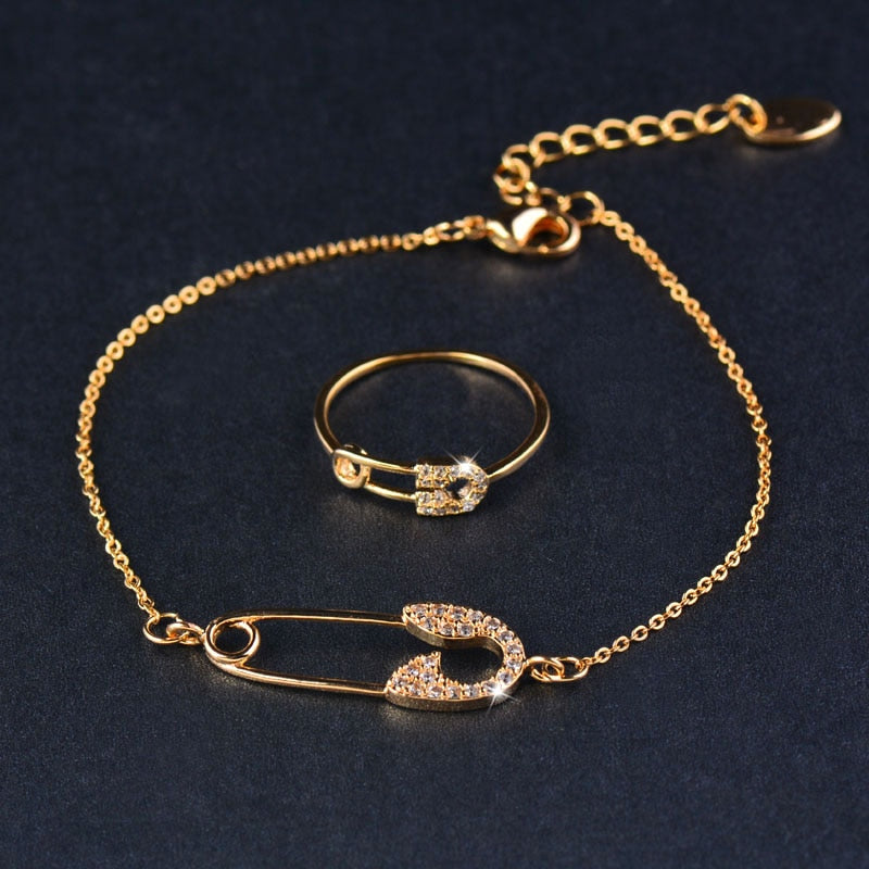 Trendy Pin Shape Chain Bracelet And Rings Set