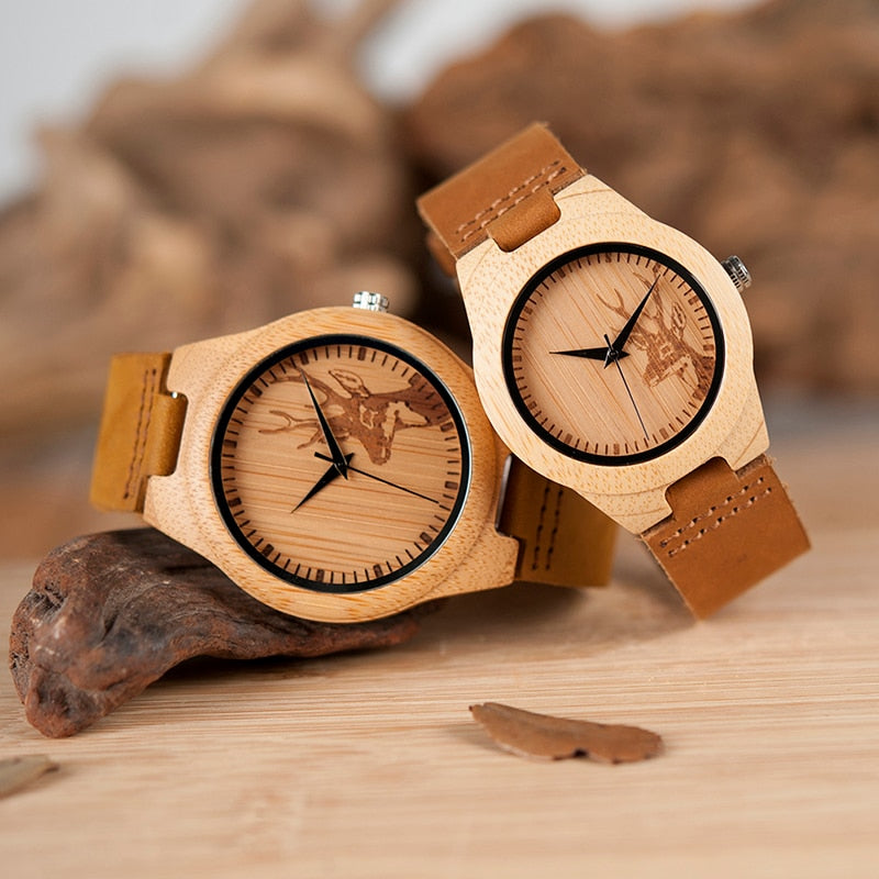 Men Elk Deer Head Bamboo Engraving Watches