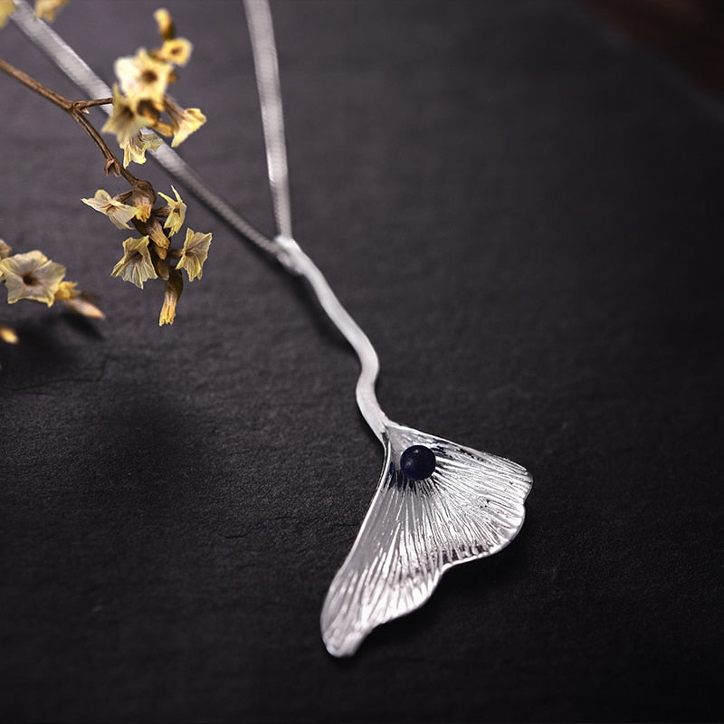 925 Sterling Silver Natural Lapis Handmade Fine Jewelry Ginkgo Leaf Pendant