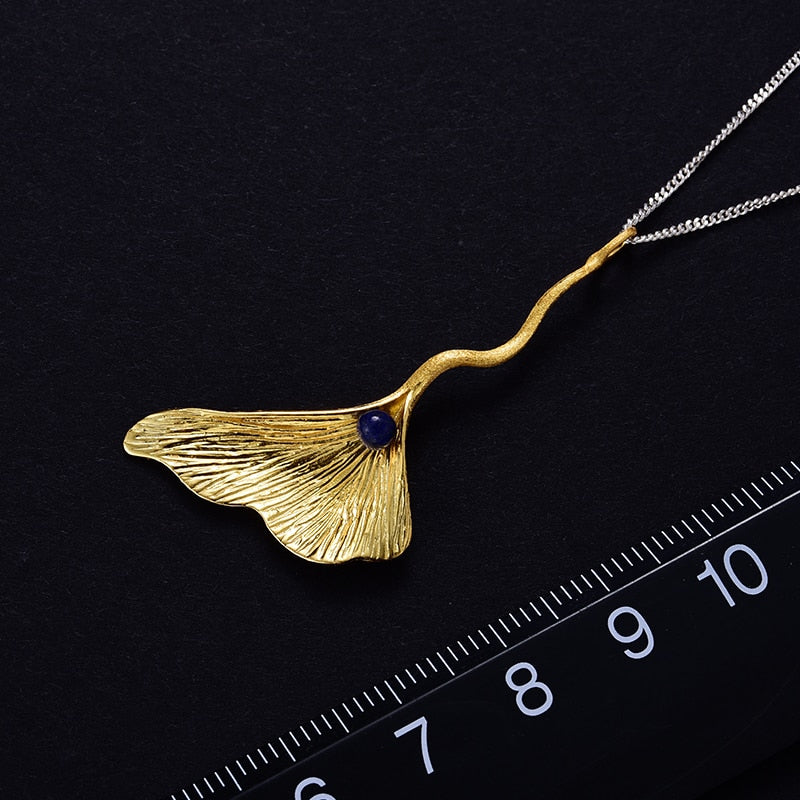 925 Sterling Silver Natural Lapis Handmade Fine Jewelry Ginkgo Leaf Pendant