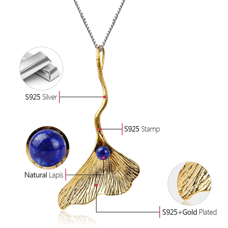 925 Sterling Silver Natural Lapis Handmade Fine Jewelry Ginkgo Leaf Pendant