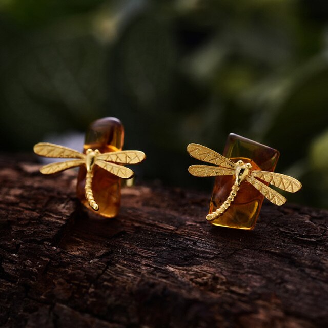 925 Sterling Silver 18K Gold Cute Dragonfly Stud Earrings