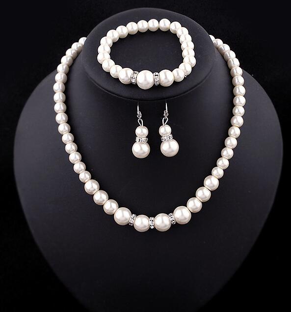 Fashion Classic Imitation Pearl Silver Plated Clear Crystal Jewelry Sets