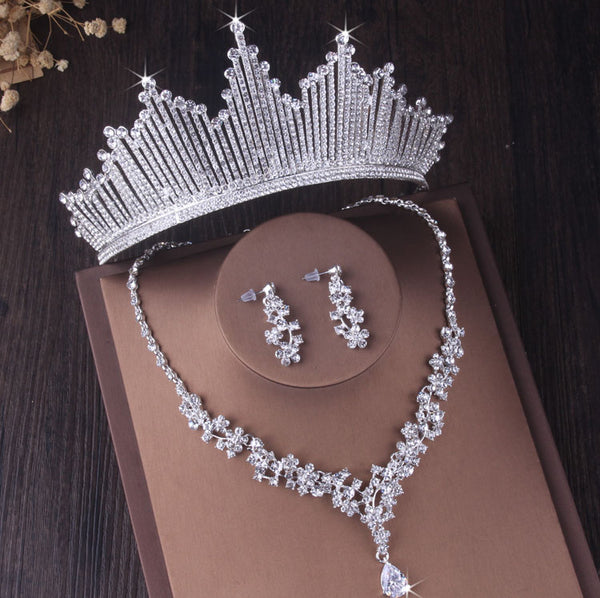 Luxury Silver Color Crystal  Cubic Zircon Crown Tiaras Earrings Necklace Set