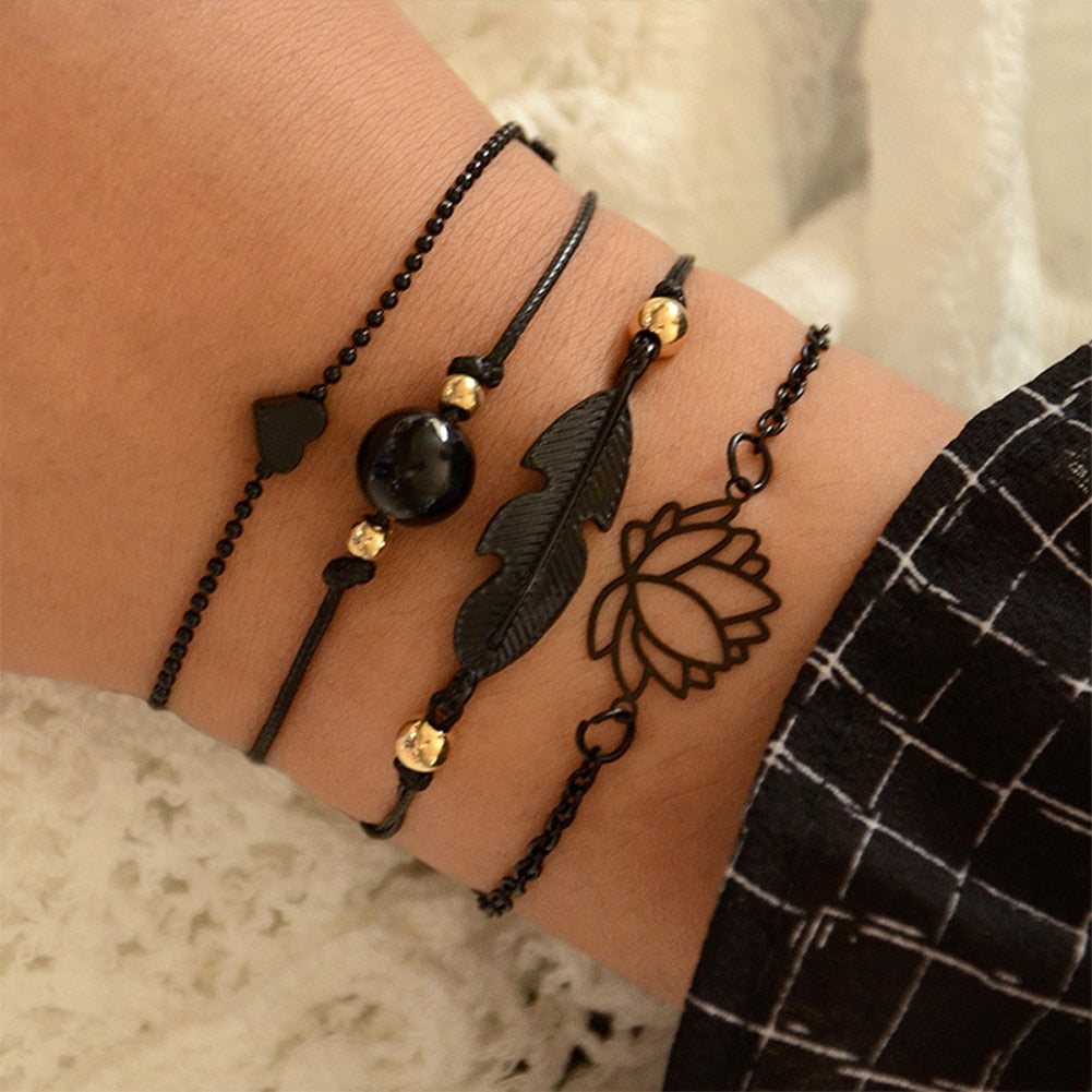 4PCs Gothic Black Feather Lotus Bracelets Set