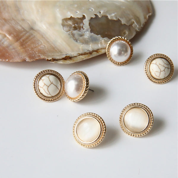 Vintage Round Marble Opal Stone Big Stud Earrings Women