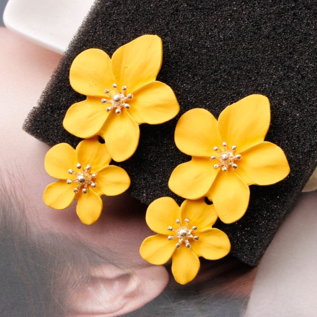 Korean Big Double Flower Drop Earrings