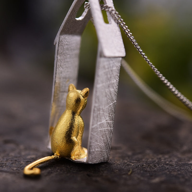 925 Sterling Silver  Original Gold Cute Gazing Cat Design Pendant without Necklace