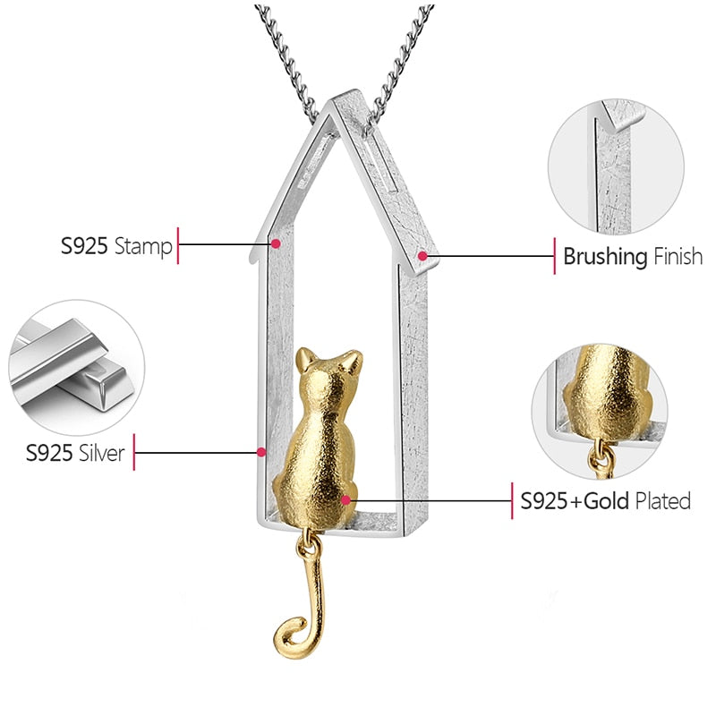 925 Sterling Silver  Original Gold Cute Gazing Cat Design Pendant without Necklace