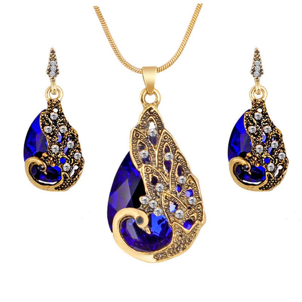 Vintage Waterdrop Rhinestone Pendant Necklace Earrings Crystal Jewelry Set