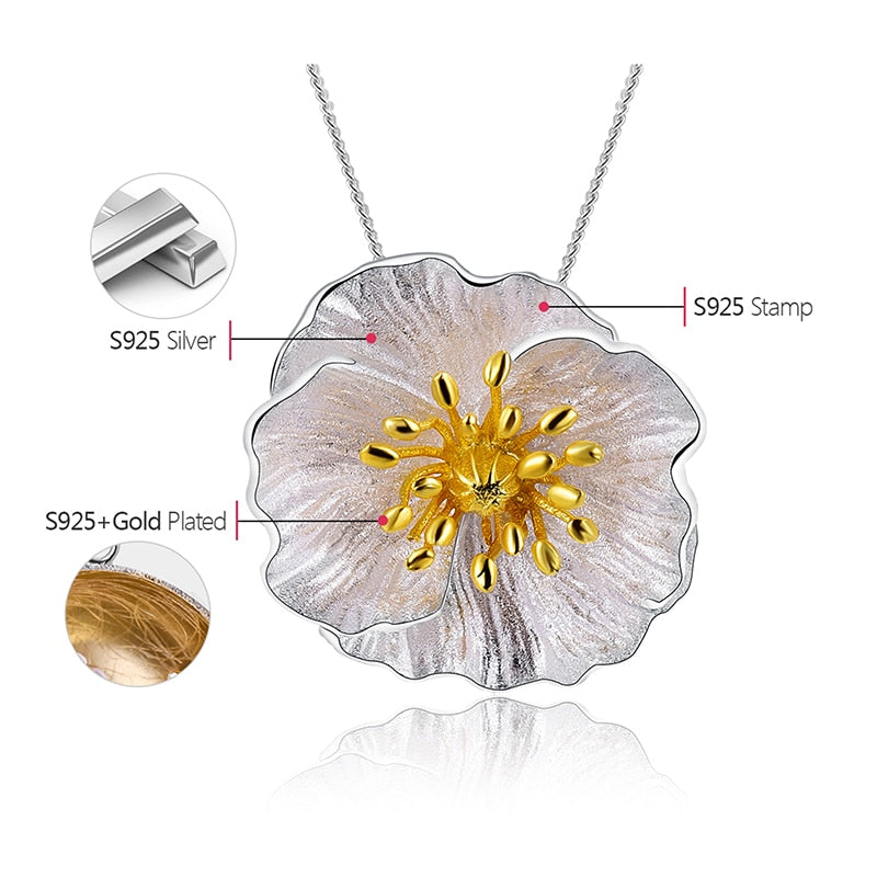 925 Sterling Silver 18K Gold Blooming Poppies Flower Pendant without Necklace