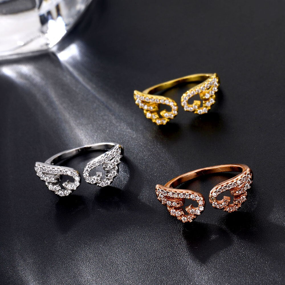 Adjustable Angel Wings Ring Micro Pave Zircon Gold-Color Rings