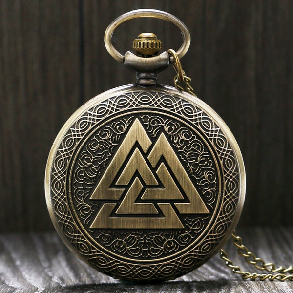 Vintage Triangle Valknut Norse Vikings Bronze Quartz Pocket Watch