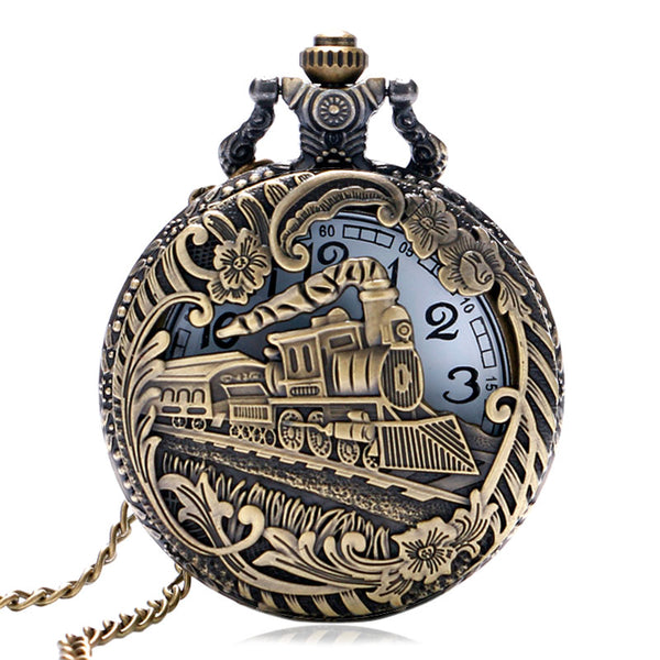 Vintage Retro Bronze Hollow Train Locomotive Steampunk Quartz Pocket Watch