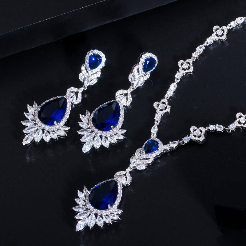 Zirconia Big Drop Royal Blue Bridal Wedding Evening Earring Necklace Jewelry Set