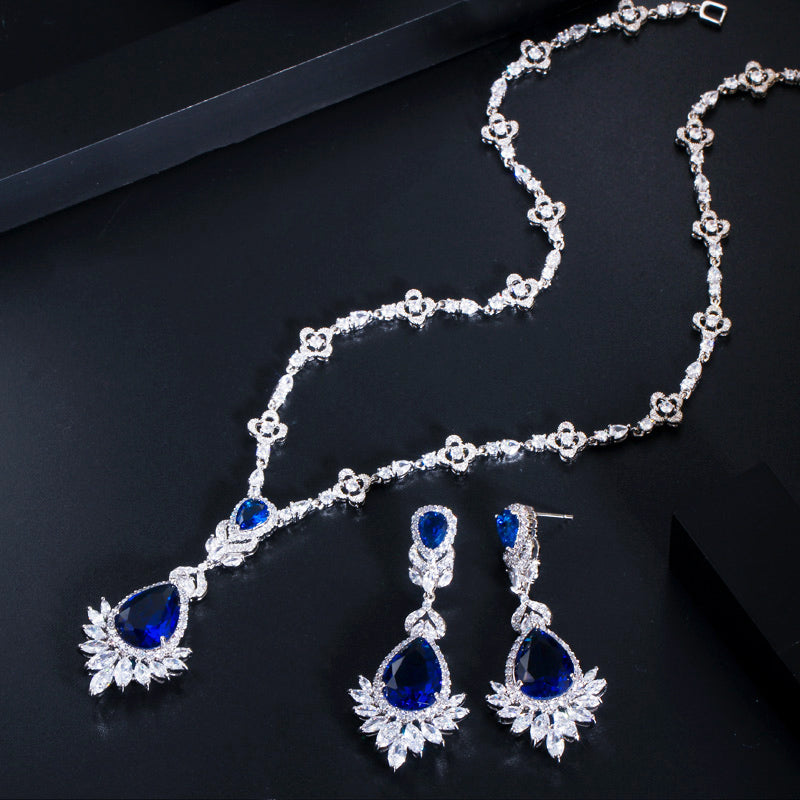 Zirconia Big Drop Royal Blue Bridal Wedding Evening Earring Necklace Jewelry Set