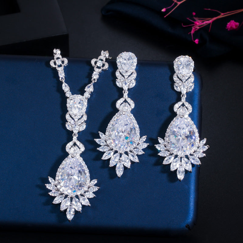 Zirconia Big Drop Royal Blue Bridal Wedding Evening Earring Necklace Jewelry Set