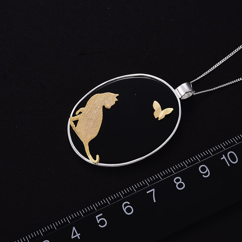 925 Sterling Silver  Cat and Butterfly Pendant without Necklace