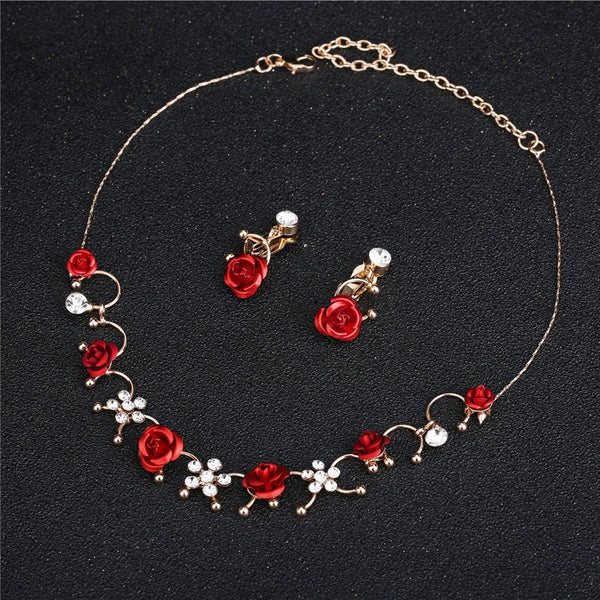 Women Elegant 1 Pair Ear Clip+1 Necklace Red Flower Jewelry Set