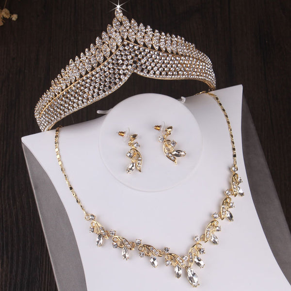 Baroque Vintage Gold Crystal Leaf Bridal Jewelry Sets