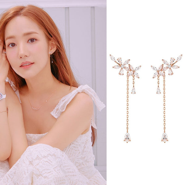 Women Korean TV Star Cute Zircon Flower Drop Earrings