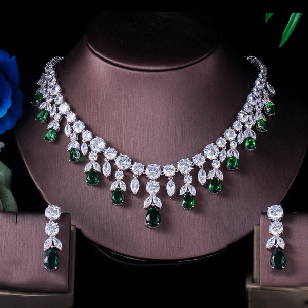 Luxury Green CZ Stone Earrings Necklace Set