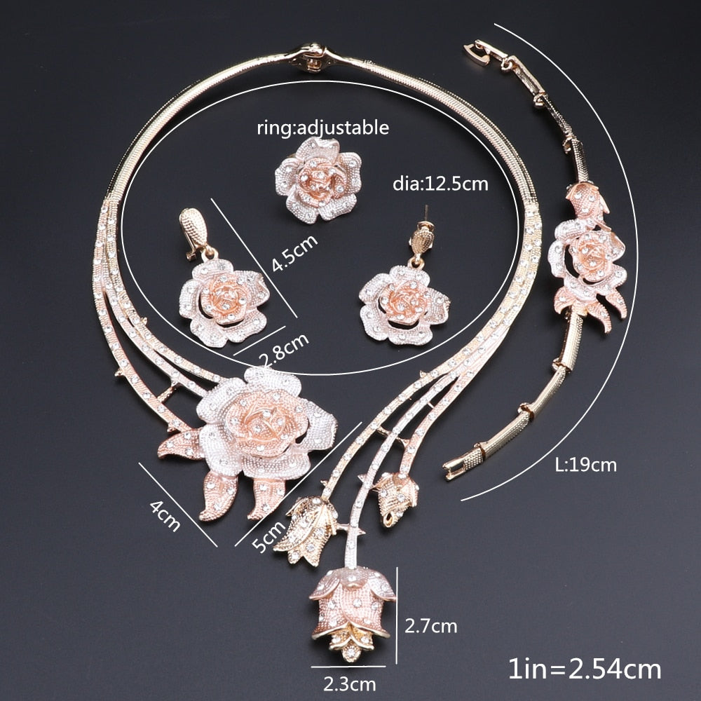 Wedding Flower Shape Necklace Earrings Bracelet Ring Set