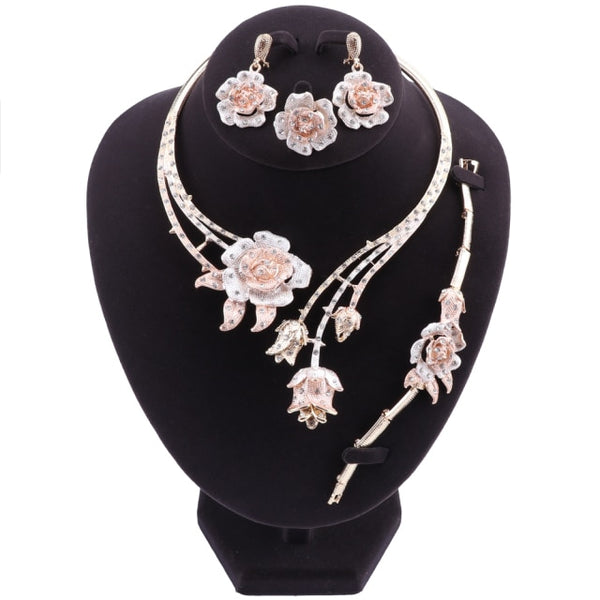 Wedding Flower Shape Necklace Earrings Bracelet Ring Set