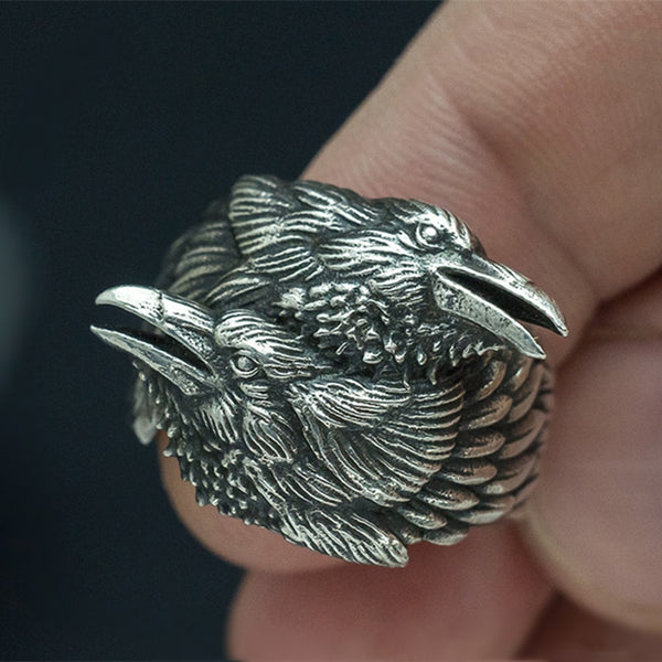 Viking Men Two Entwined Ravens Ring