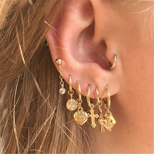 Vintage Gold Ball Cross Heart Geometric Earring Sets