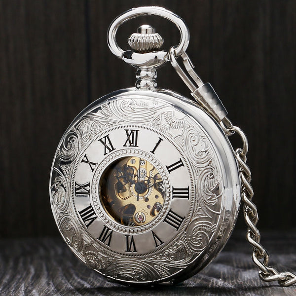 Vintage Silver Roman Number Mechanical Pocket Watch