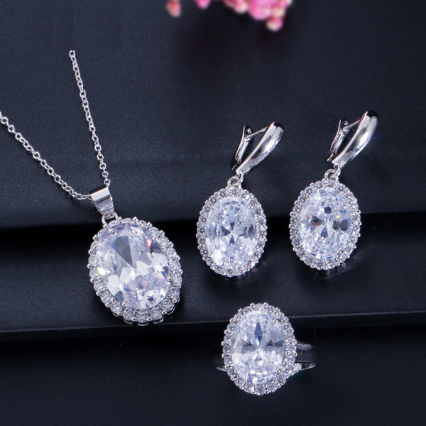 3 Piece Silver Color Big Oval Shape Cubic Zircon Tennis Necklace And Earrings Jewelry Set