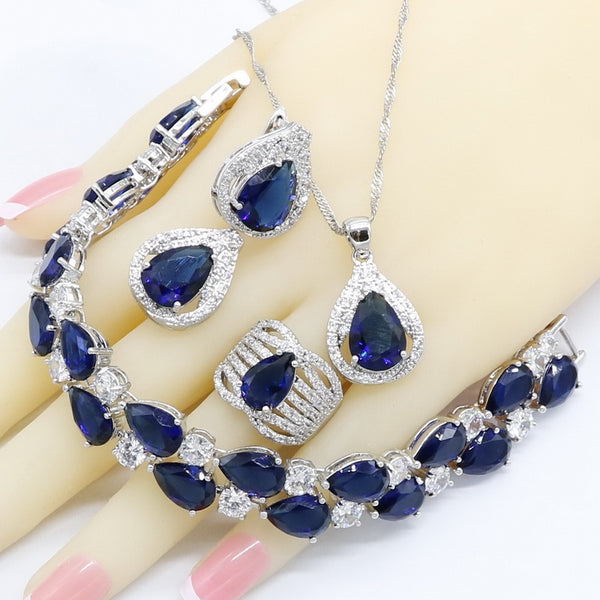 Royal Blue Semi-precious Silver Color Bridal Jewelry Sets