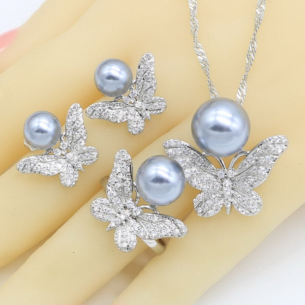 Gray White Blue Pearl Necklace Pendant Stud Earrings Rings Free Gift Box