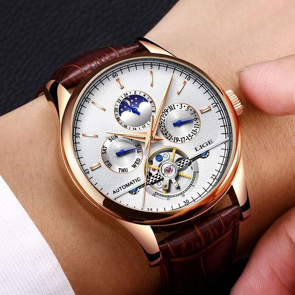 Luxury Automatic Mechanical Watch Men Leather Waterproof Watch Week Clock+Boxo