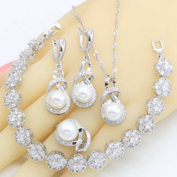 Silver Color White Pearl Jewelry Sets For Women