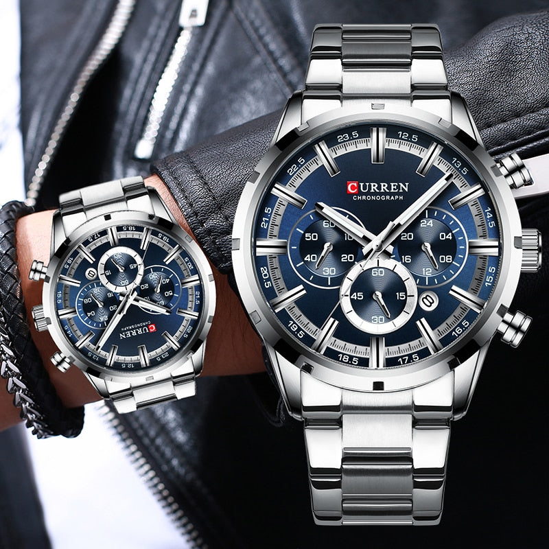 Luxury Fashion Mens Watches Stainless Steel Chronograph Quartz Watch