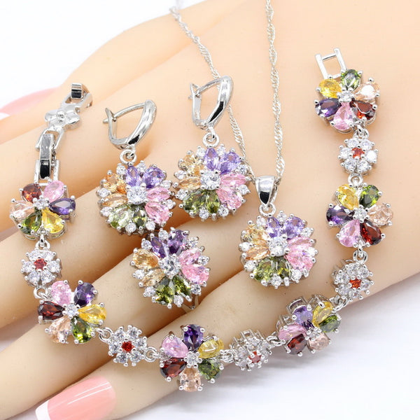 Multicolor Folwer Shape Bracelet Earrings Necklace Pendant Rings Jewelry Sets