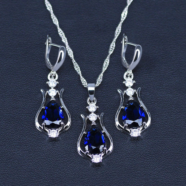 7 Colors Pear Crystal Pendant Necklace Earrings Set