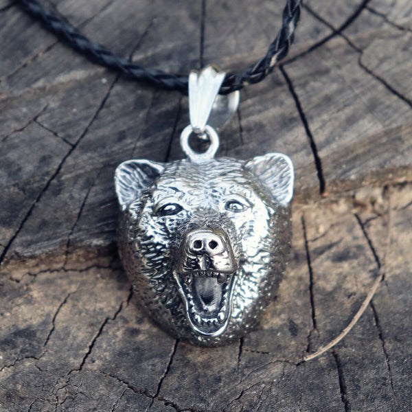 Vintage Wild Viking Bear Head Stainless Steel Pendant Necklace