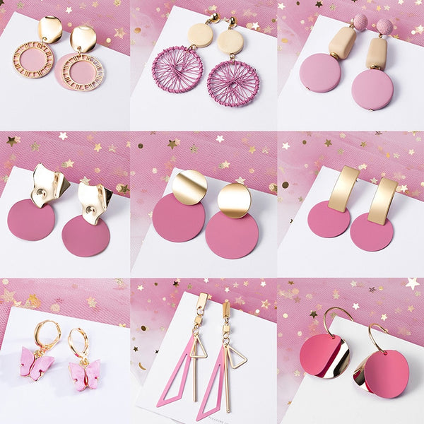 women Pink Sweet Arcylic Geometric Dangle Drop Gold Earings