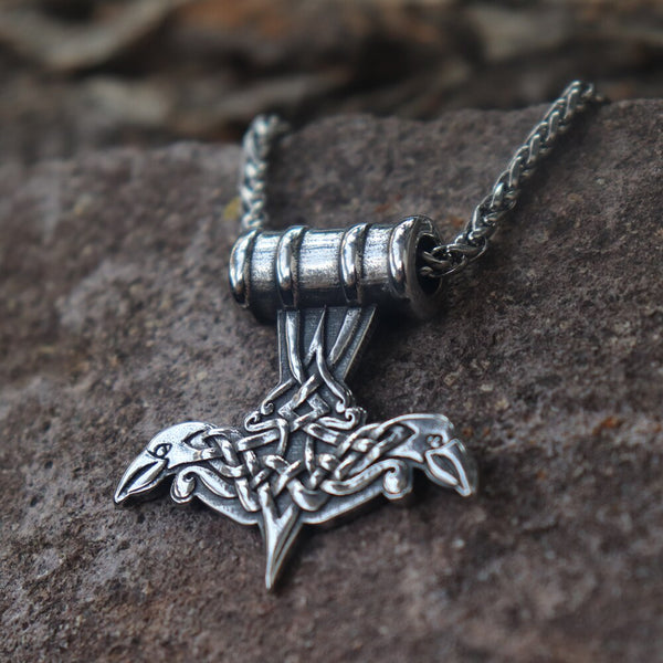 Viking Celtics Double Crow Mjolnir Thor's Hammer Stainless Steel Pendant