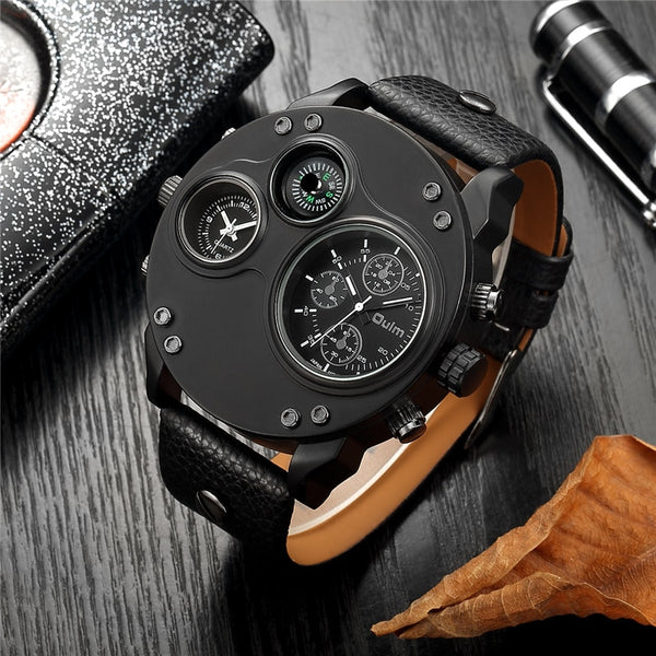 Men Two Time Zone Wristwatch Decorative Compass Male Quartz Watch