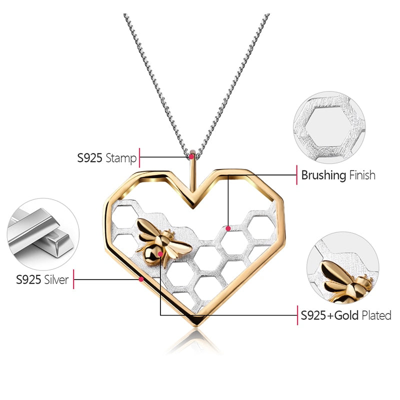 925 Sterling Silver 18K Gold Bee Love Heart Pendant without Chain for Women