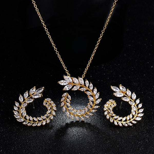 Zircon Olive Branch Earrings and Pendant Jewelry Sets