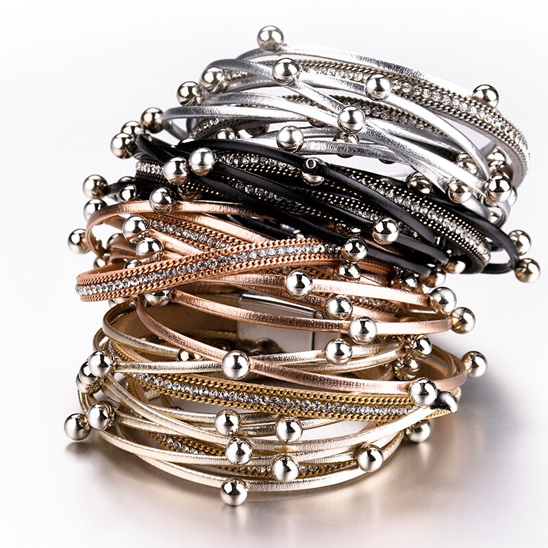 Metal Beads Charm Leather Bracelets for Women